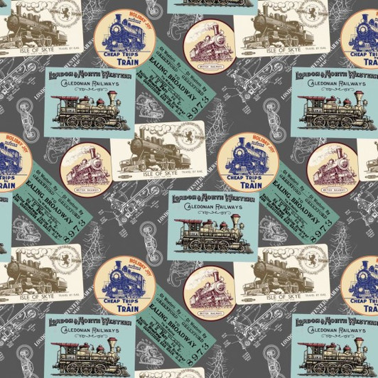 All Aboard Trains Montage Grey 81670/101 Cotton Quilting Fabric All Aboard Trains Montage Grey 81670/101 Cotton Quilting Fabric