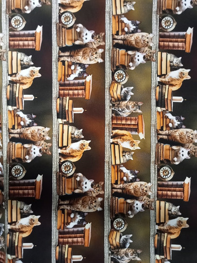 Cats Kittens and Library Books Stripe 106A Cotton Quilting Fabric Cats Kittens and Library Books Stripe 106A Cotton Quilting Fabric