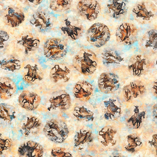 Running Wild Cowboy Cowgirl on Horses Vignettes Cream 30626-E Cotton Quilting Fabric
