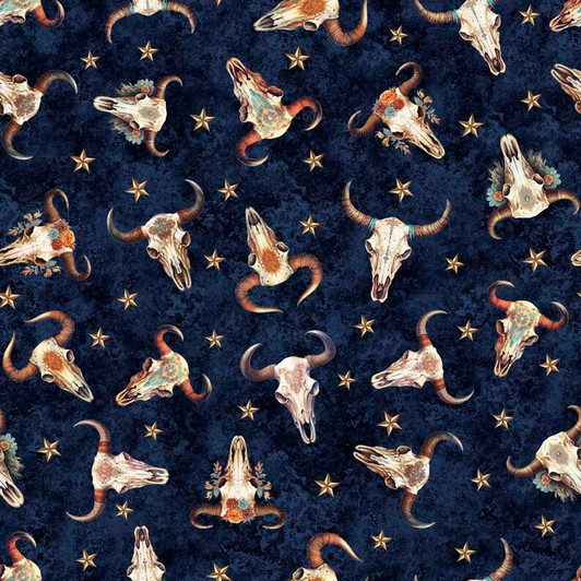 Running Wild Cow Skulls Navy 30627-N Cotton Quilting Fabric Running Wild Cow Skulls Navy 30627-N Cotton Quilting Fabric