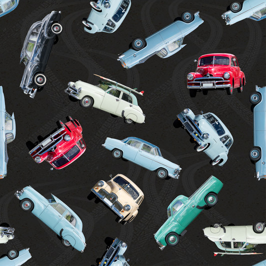 Classic Wheels Holden Cars Tossed Charcoal 4091D Cotton Quilting Fabric