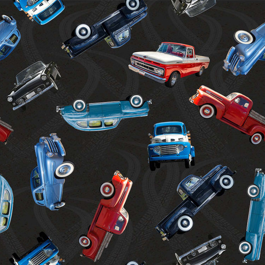 Nostalgic Vehicles Cars Utes Tossed Charcoal 4092D Cotton Quilting Fabric