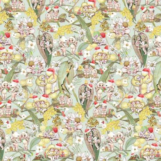 May Gibbs Christmas Gossiping Gumnuts Light Green MG1032 Cotton Quilting Fabric