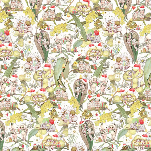 May Gibbs Christmas Gossiping Gumnuts White MG1033 Cotton Quilting Fabric May Gibbs Christmas Gossiping Gumnuts White MG1033 Cotton Quilting Fabric
