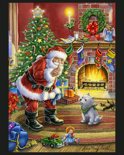 Shhh Santa Father Christmas with Dog Digital Print Cotton Quilting Fabric Panel