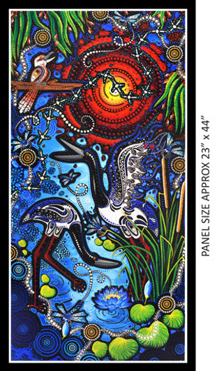 Aboriginal Art Spirit of the Bush 3 Kookaburra and the Jabiru Cotton Quilting Fabric 23 inch Panel