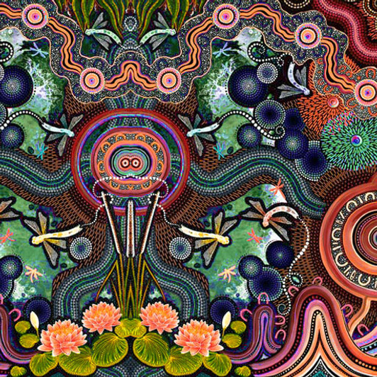 Aboriginal Art Spirit of the Bush Waterlillies – Muntjit Cotton Quilting Fabric