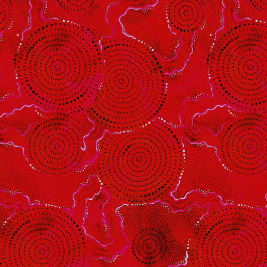 Aboriginal Art Spirit of the Bush 3 Waterholes Red 5018/34 Cotton Quilting Fabric