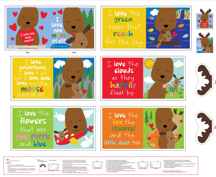 Huggable and Loveable I Love you Moose 8182PS-01 Cotton Quilting Fabric Book Panel