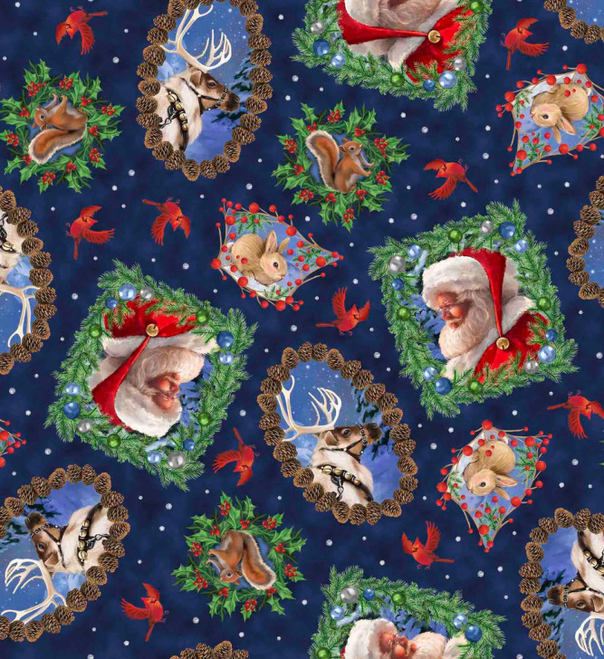 Season Of Giving Santa and Animals Portrait Toss Navy 31020N Cotton Quilting Fabric