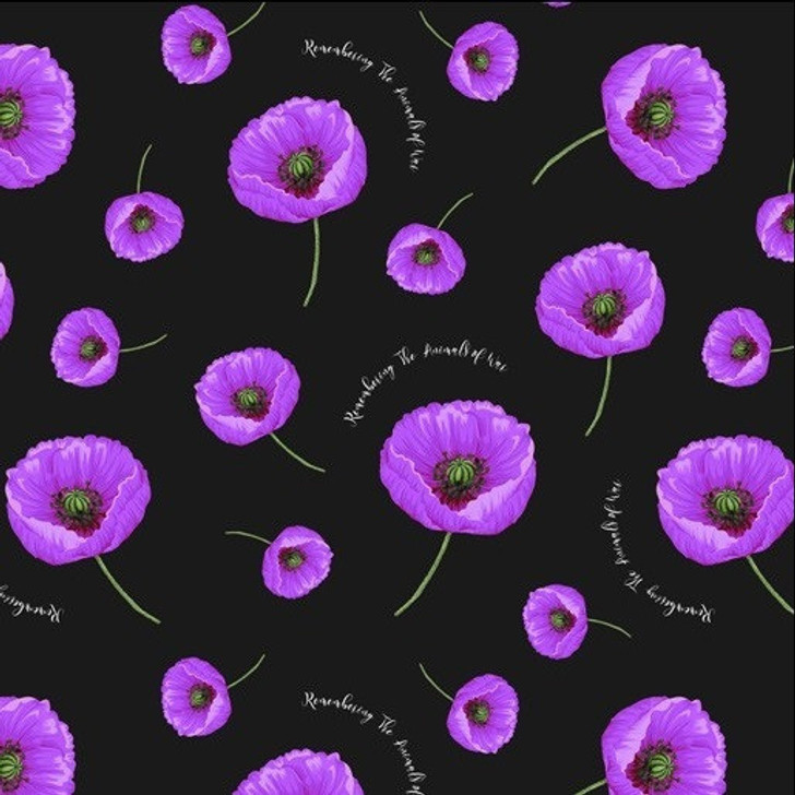 Animals of War Remembering Purple Poppy Beige Black Cotton Quilting Fabric