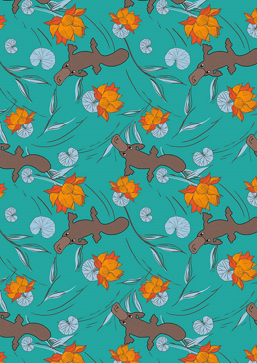 Australian Animal Platypus Play Aqua Green Cotton Quilting Fabric