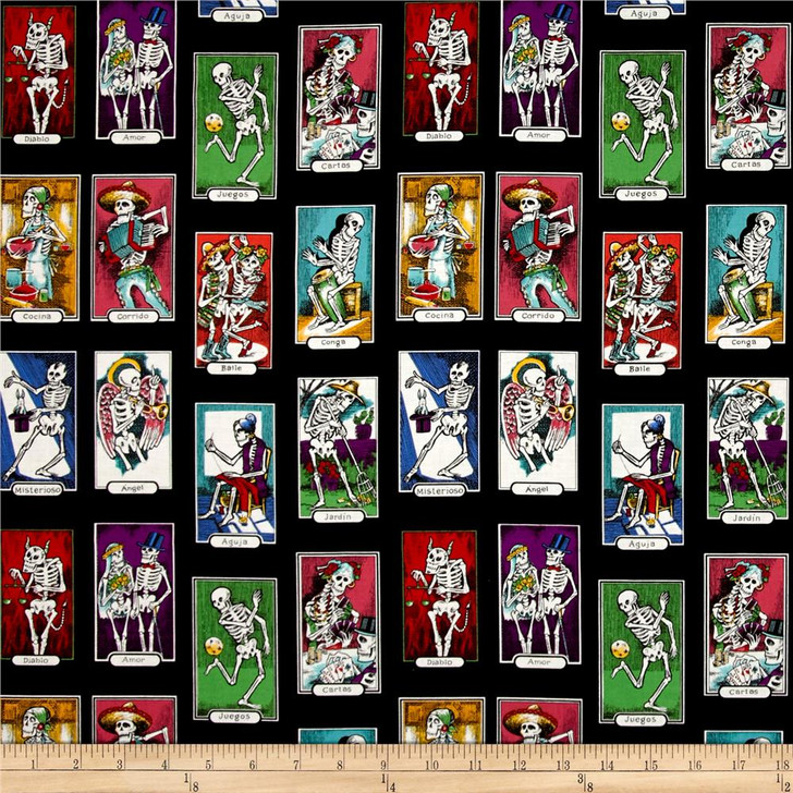 Cartas De Vida Folklorico Black Skeletons Tarot Cards Cotton Quilting Fabric 1/2 YARD