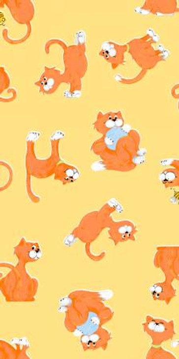 Susybee Purrl the Cat Tossed Yellow Background Cotton Quilting Fabric 1/2 YARD