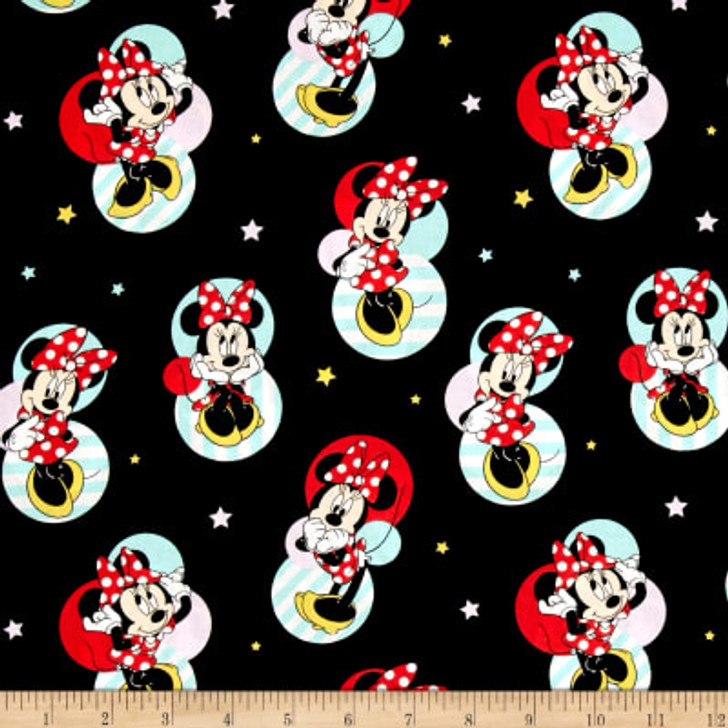 Disney Minnie Mouse Traditional Minnie Badges Black Cotton Quilting Fabric 1/2 YARD