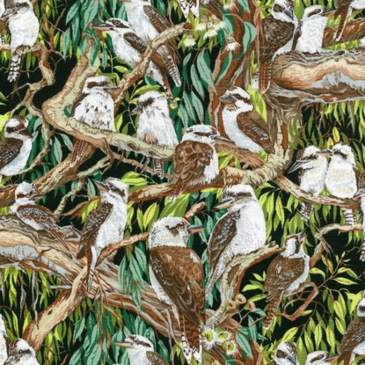 Australian Birds Kookaburras in Gum Trees Black Background Cotton Quilting Fabric 1/2 YARD