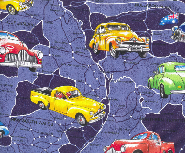 Old Holden Cars on Blue Australian Map Cotton Quilting Fabric 1/2 YARD