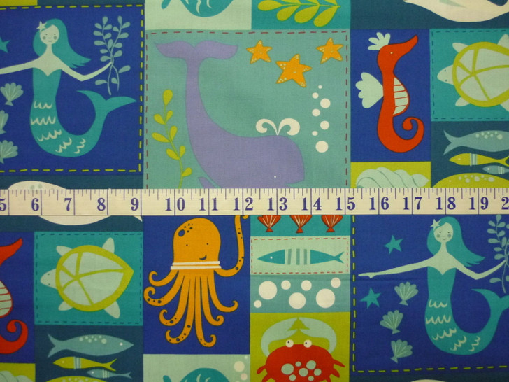 Under The Sea Mermaids Fish Turtles Patch Cotton Quilting Fabric 1/2 YARD