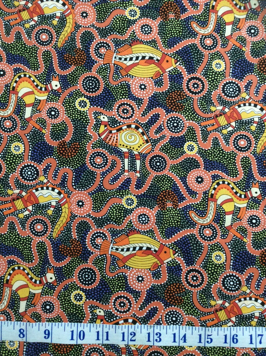 Australian Aboriginal Inspired Burrambim Emu Goanna Kangaroo Fish Cotton Quilting Fabric 1/2 YARD