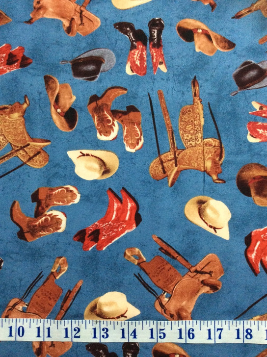 Cowboys Western Saddles Boots Mountain Pass Water Cotton Quilting Fabric 1/2 YARD