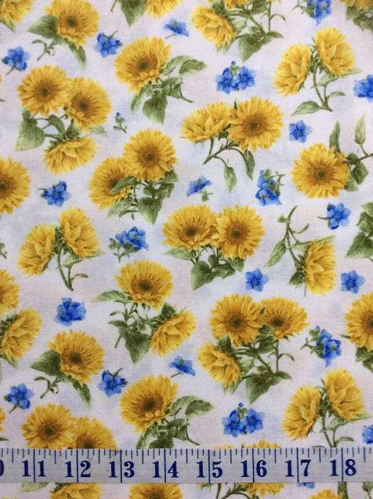 My Sunflower Garden Sunflowers Tossed White Cotton Quilting Fabric 1/2 YARD