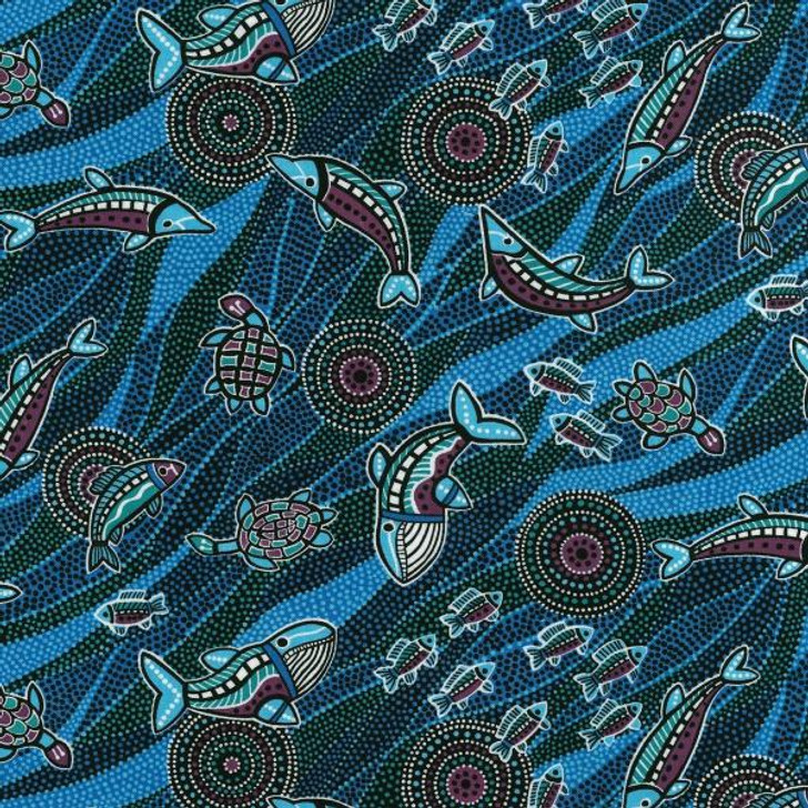 Aboriginal Australian Art Inspired BaanBaan Fish Turtles Cotton Quilting Fabric 1/2 YARD