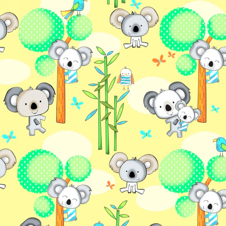 Koala Party Koalas Yellow Background Cotton Quilting Fabric 1/2 YARD