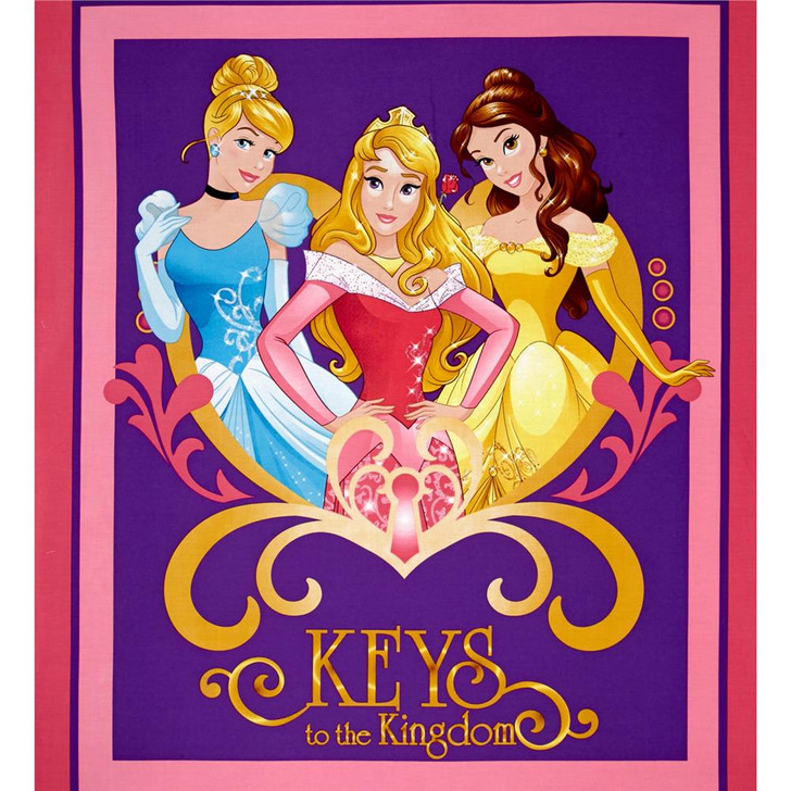 Disney Princess Movie Moments Keys to the Kingdom Pink Cotton Quilting Fabric Panel
