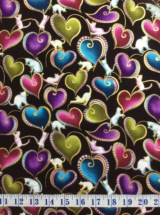 Cat-I-Tude Hearts and Cats Black Background Metallic Highlights Cotton Quilting Fabric 1/2 YARD