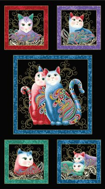 Cat-I-Tude 2 Purr Fect Together Black Background Metallic Highlights Cotton Quilting Fabric Panel