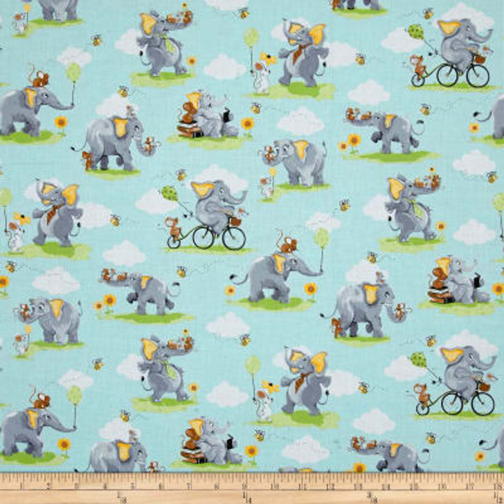 Susybee Knightley the Elephant Allover Aqua Cotton Quilting Fabric 1/2 YARD