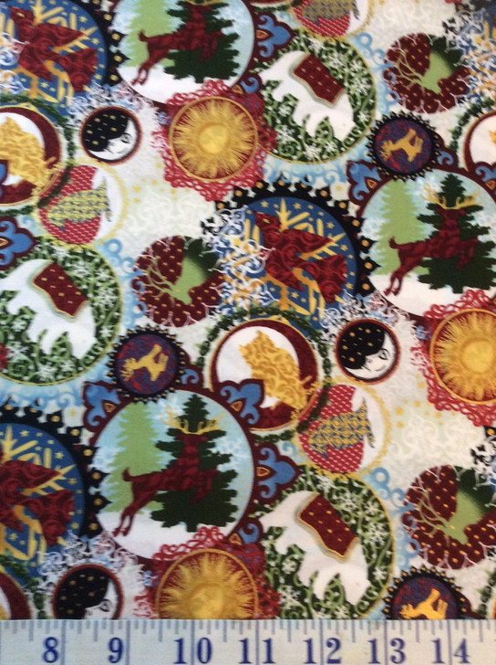 Celestial Winter Gold Metallic Highlights Red With Animals Cotton Quilting Fabric 1/2 YARD