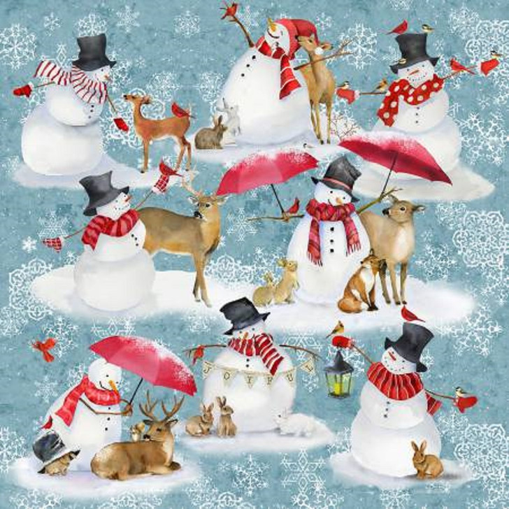 Sheltering Snowman Winter Scene Blue Cotton Quilting Fabric 1/2 YARD