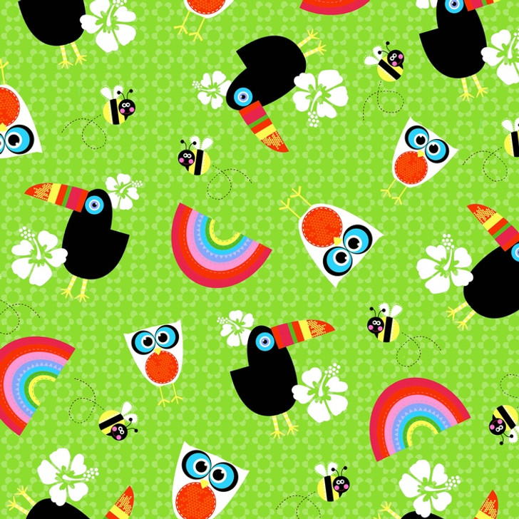 Sunshine Day Tossed Owls Toucans Green Cotton Quilting Fabric 1/2 YARD