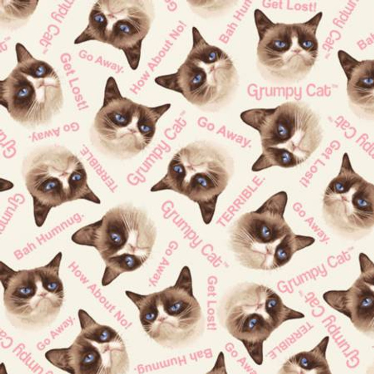 Grumpy Cat Tossed Cream Allover Cotton Quilting Fabric 1/2 YARD