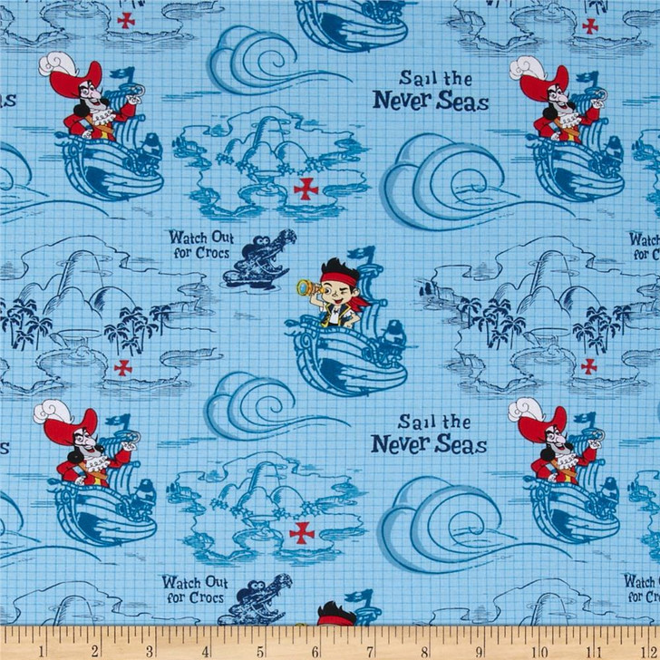 Disney Jake Sail The Never Seas Blue Cotton Quilting Fabric 1/2 YARD