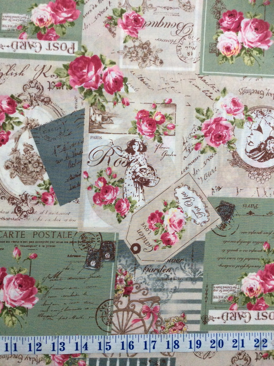 Ruru Bouquet Suzonne Floral Rose Bouquet and Script Green Cotton Quilting Fabric 1/2 YARD