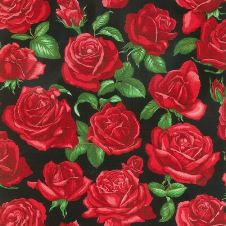 Roses are Red Large Floral Black Background Cotton Quilting Fabric 1/2 YARD