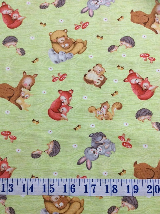 Hugs and Love Animal Mums and Babies Tossed Green Cotton Quilting Fabric 1/2 YARD