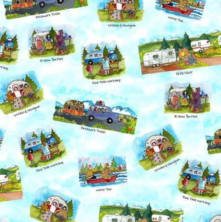 Caravans Quilters Road Trip Scenic Multi Blue Cotton Quilting Fabric 1/2 YARD