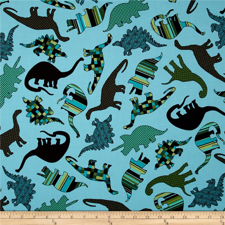 Dinosaurs Bedrock Jurassic Aqua Toss Cotton Quilting Fabric 1/2 YARD