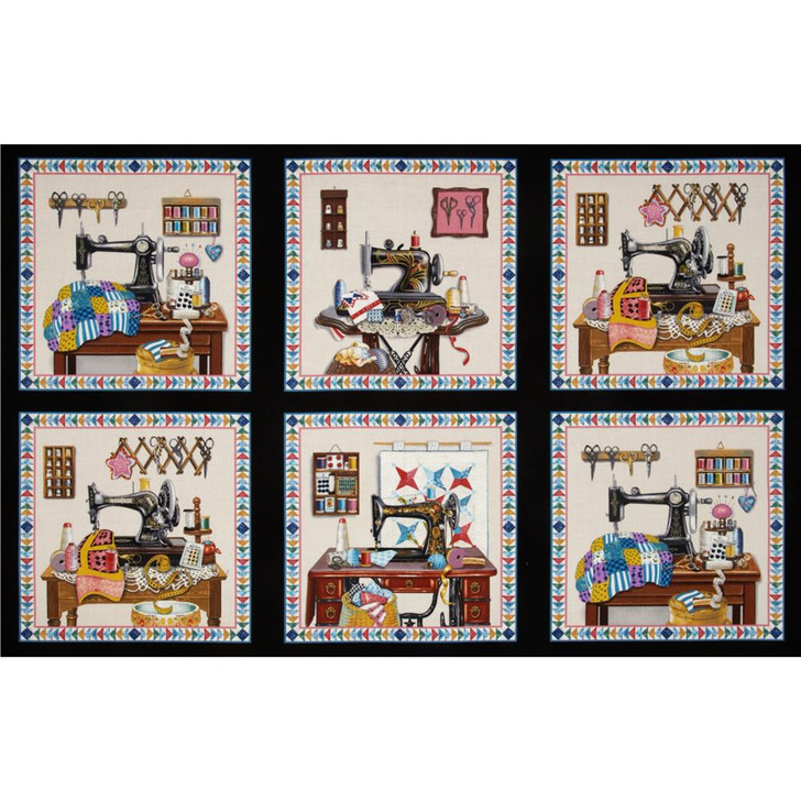 Stitch in Time Sewing Machine Patchwork Black Cotton Quilting Fabric