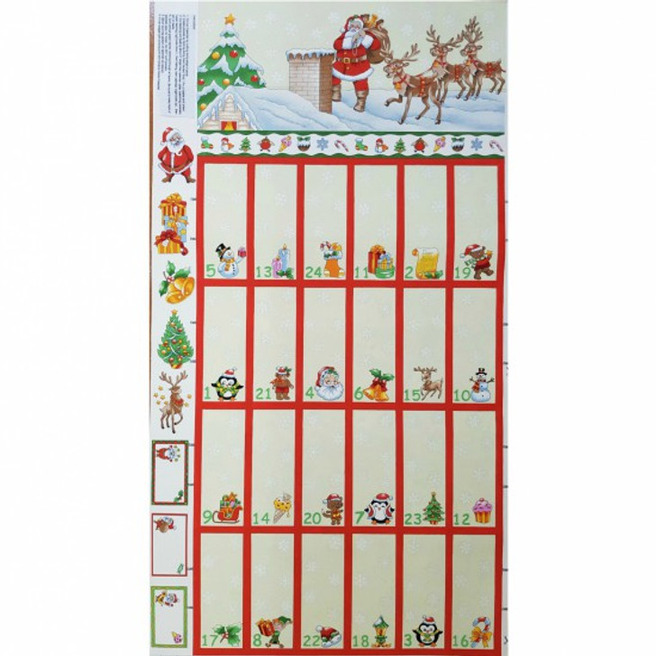 Father Christmas Santa and Reindeer on Rooftop Advent Calendar Cotton Quilting Fabric Panel