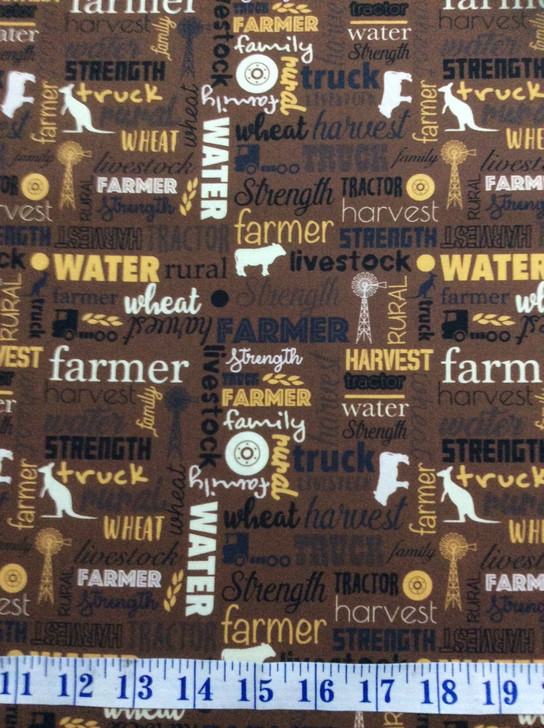 Australian Farmers Fighting Spirit Words Brown Cotton Quilting Fabric 1/2 YARD