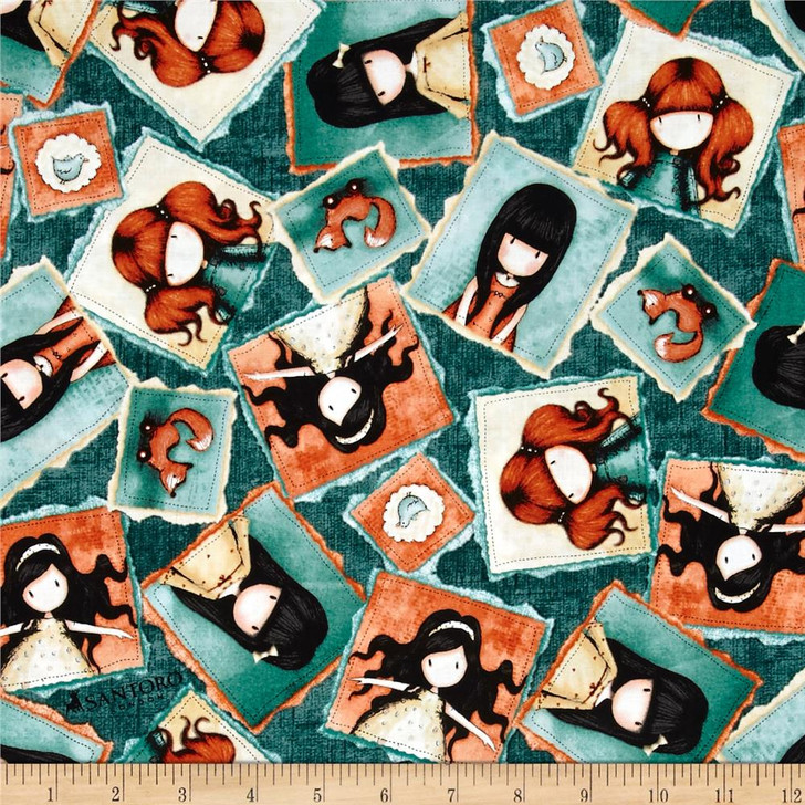 Heartfelt Gorjuss Girl Patch Santoro London Tossed Dark Teal Cotton Quilting Fabric 1/2 YARD