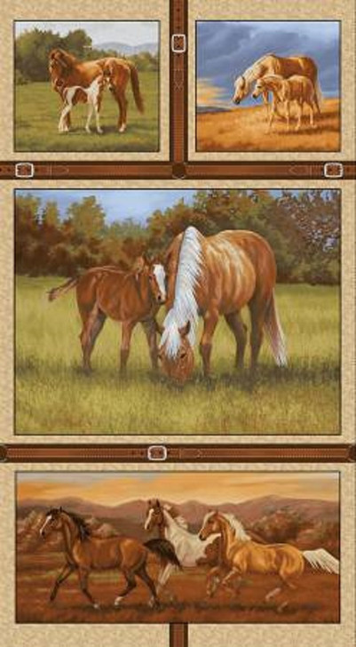 Hold Your Horses Mare and Foal Brown Cotton Quilting Fabric Panel