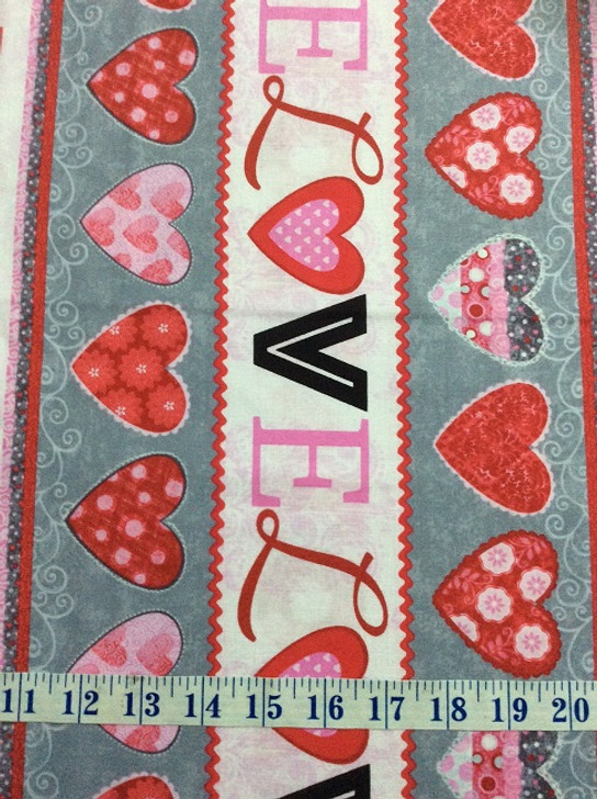 Hearts of Love Novelty Stripe Grey Cotton Quilting Fabric 1/2 YARD