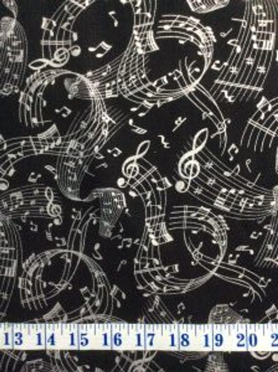 Music Swirl Metallic Silver Black Cotton Quilting Fabric 1/2 YARD