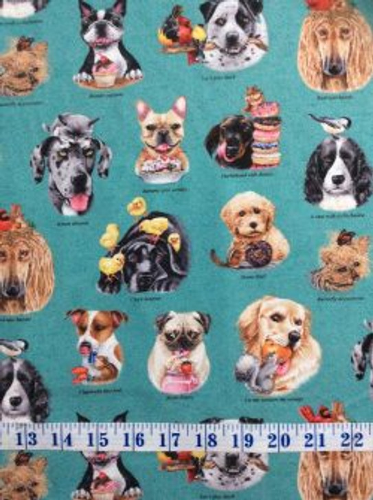 Dogs Doggie Drama Assorted Turquoise Cotton Quilting Fabric 1/2 YARD