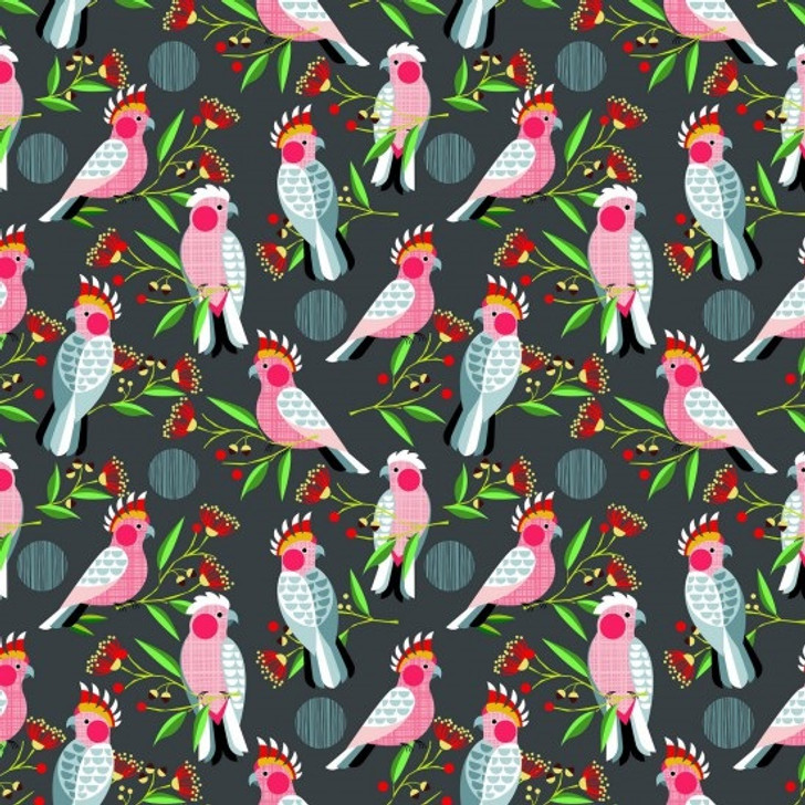 Cockatoos Pink and Grey Galahs Golden Grove Cotton Quilting Fabric 1/2 YARD